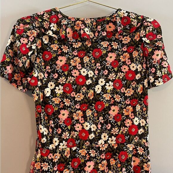 VTG By Design Red/Pink/Black Floral Puff Sleeve Surplice Faux Wrap Midi Dress, M - Picture 11 of 13